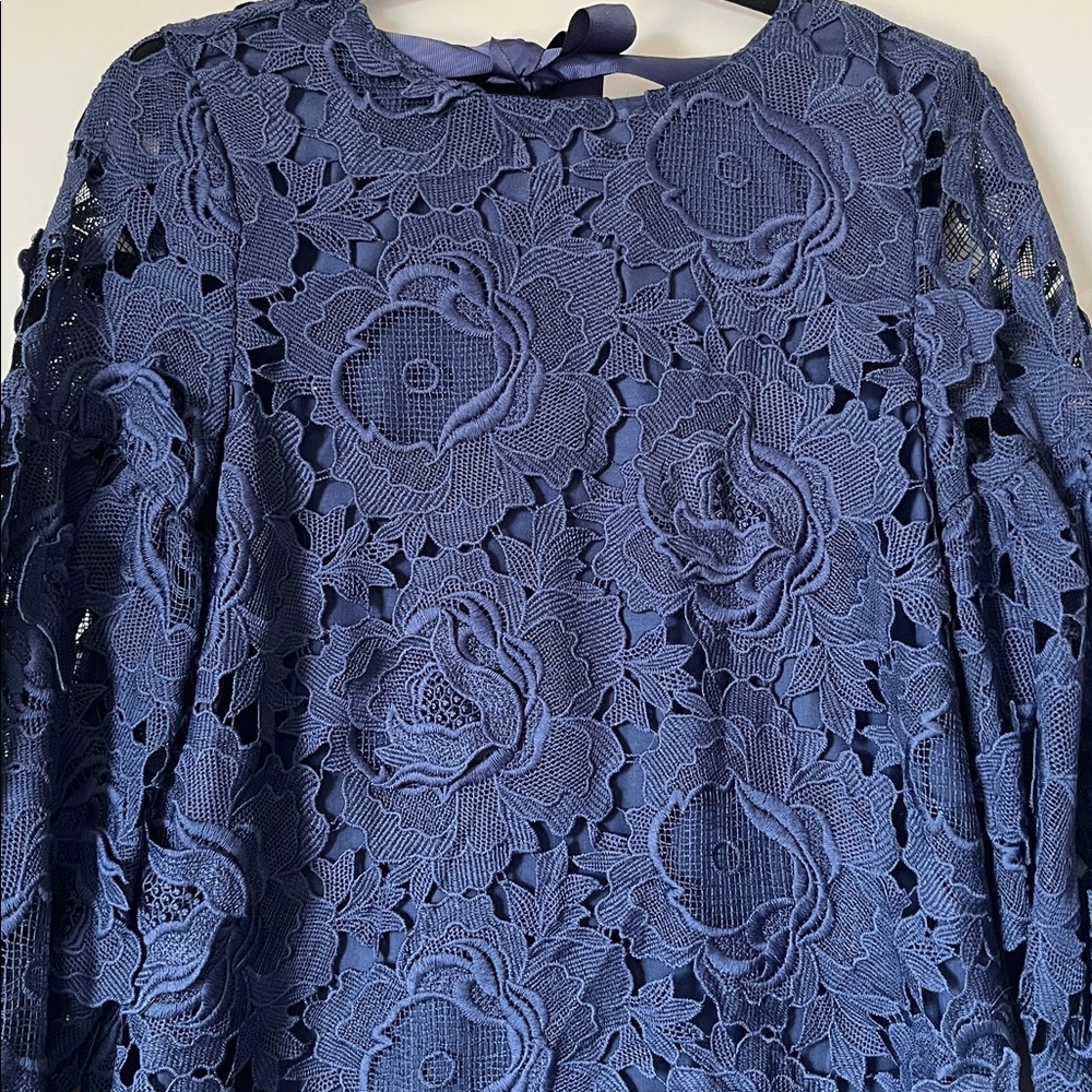 ZARA Guipure Floral Lace Lantern Sleeve Open Back Dress Blue Size Small - Picture 4 of 11